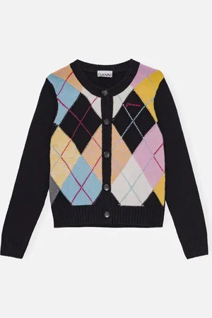 Ganni Harlequin Wool-Blend Knit Cardigan - M