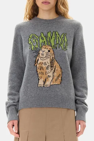 Ganni Graphic Bunny Crewneck Wool-Blend Knit Jumper - XS