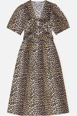 Ganni Printed Tie Strap Leopard-Print Cotton Midi Dress - EU 36/UK 8