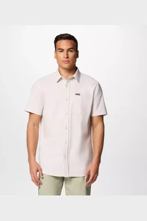 Columbia Rapid Rivers Technical Cotton Short Sleeve Shirt - Dark Stone Diamond Dobby Chambray Size L - Men