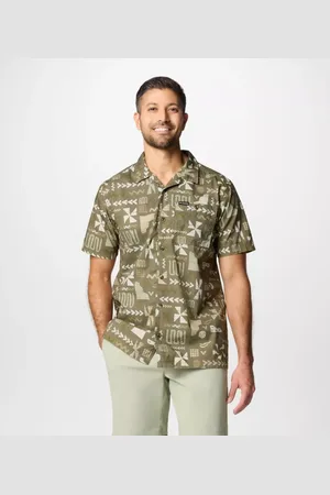 Columbia Pine Canyon Printed Short Sleeve Shirt - Stone Outer Bounds Size L - Men