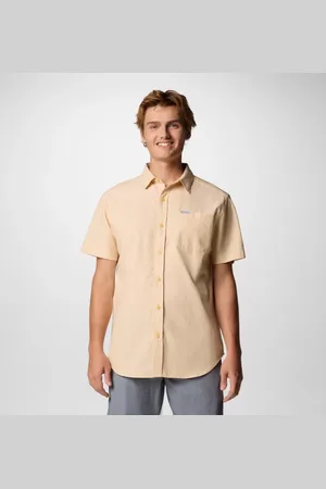 Columbia Rapid Rivers Technical Cotton Short Sleeve Shirt - Sand Dune Diamond Dobby Chambray Size XL - Men