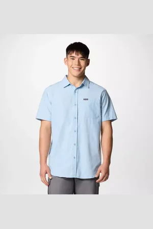 Columbia Rapid Rivers Technical Cotton Short Sleeve Shirt - Ripple Diamond Dobby Chambray Size L - Men