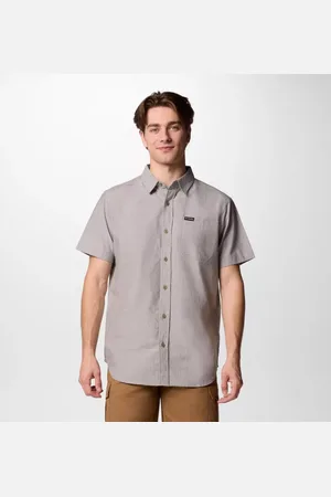 Columbia Rapid Rivers Technical Cotton Short Sleeve Shirt - Stone Diamond Dobby Chambray Size M - Men