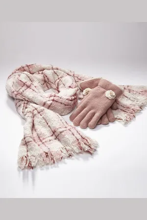 Damart Check Scarf & Flower Glove Set