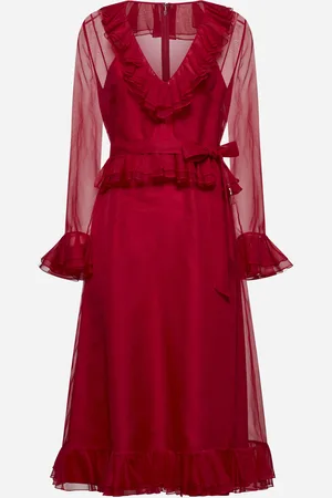 VALENTINO Red organza belted midi dress