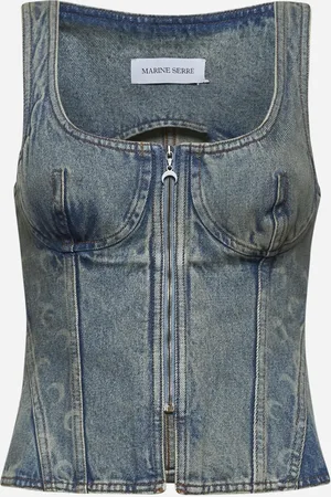 Marine Serre Beige Moon print denim corset top