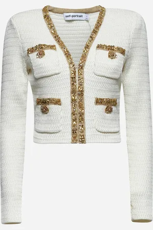 Self-Portrait Cream knit lurex trim cardigan