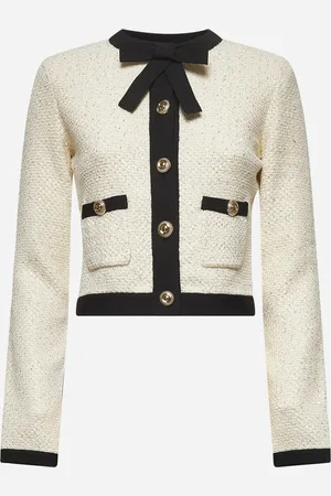 Self-Portrait Cream sequin knit pussy bow cardigan