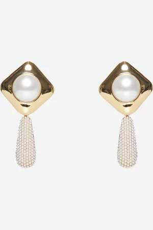 Self-Portrait Gold pearl crystal bar earrings