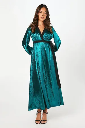 Coast Petite Party Metallic Long Sleeve Wrap Midi Dress