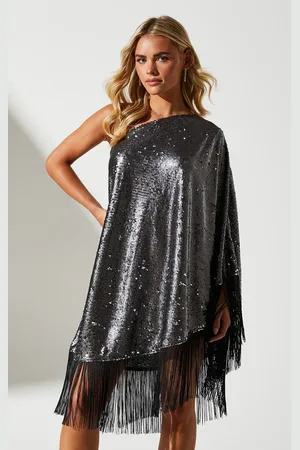 Coast Petite Party Sequin One Shoulder Mini Dress With Fringe