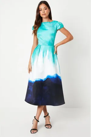 Coast Placement Print Puff Sleeve Satin Midi Wedding Guest Dress
