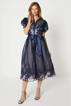 Coast Placement Stripe Organza Puff Sleeve Shirt Dress