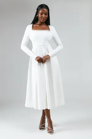 Coast Crystal Trim Ponte Long Sleeve Midi Wedding Dress