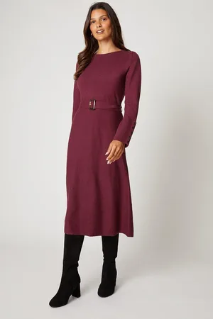 wallis Slash Neck Button Detail Belted Knitted Dress