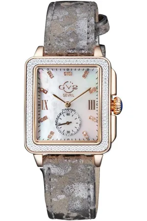GV2 by Gevril Bari Diamond Mother of Pearl Dial IP RG Case Leather Strap Swiss Quartz Watch