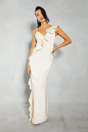MissPap Premium Satin Frill Split Leg Maxi Slip Dress