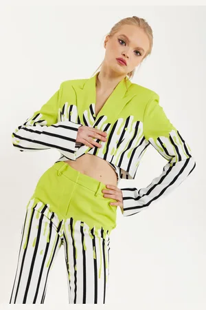 House of Holland Stripe Monochrome Acid Green Splash Crop Blazer With Belt