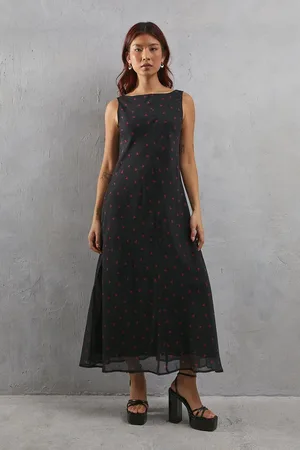 warehouse Heart Print Chiffon Slash Neck Bias Sleeveless Midi Dress