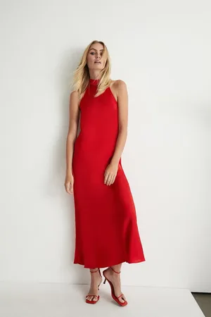 warehouse Satin Halter Neck Backless Slip Dress