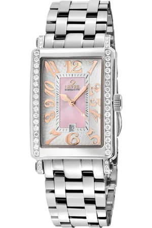 Gevril Ave of Americas Mini Swiss Quartz Diamonds Stainless Steel Diamond Case, Pink MOP Dial Watch