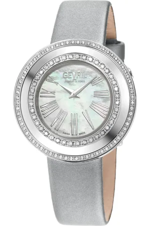 Gevril Gandria Swiss Quartz Diamond Swiss Watch, 316L SS Case, White MOP Dial, Genuine Italian Made Leather Strap
