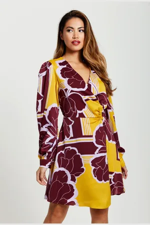 Liquorish Geometric Floral Print Mini Wrap Dress