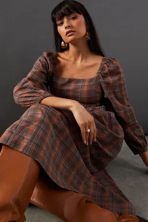 warehouse Square Neck Volume Sleeve Check Midi Dress