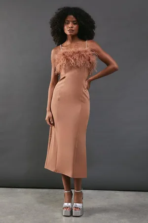 warehouse Feather Detail Diamante Strap Bandeau Midi Dress