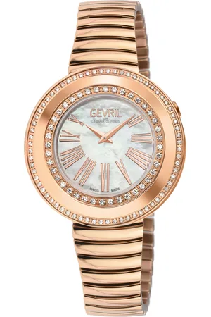 Gevril Gandria Swiss Diamond Watch, 316L SS/IPRG Case, White MOP Dial, RG Bracelet