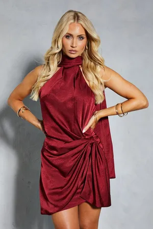 MissPap Textured Satin Scarf Detail Ruched Wrap Mini Dress