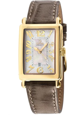 Gevril Ave of Americas Mini IPYG Stainless Steel Case, White MOP Dial , Genuine Tan Leather Strap Swiss Quartz Watch