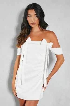 MissPap Premium Satin Bardot Bow Detail Bodycon Mini Dress
