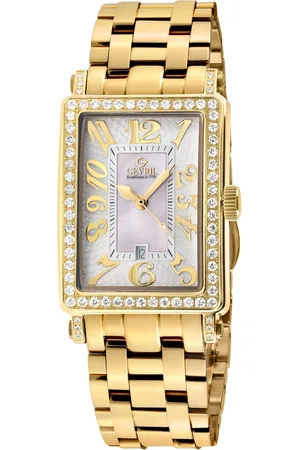 Gevril Ave of Americas Mini IPYG Stainless Steel Diamond Case, White MOP Dial Swiss Quartz Watch