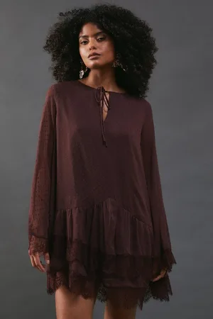 warehouse Dobby Chiffon Tie Neck Lace Hem Mini Dress