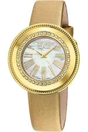 Gevril Gandria Swiss Quartz Diamond Watch, 316L SS/IPYG Case, White MOP Dial, Genuine Italian Made Leather Strap