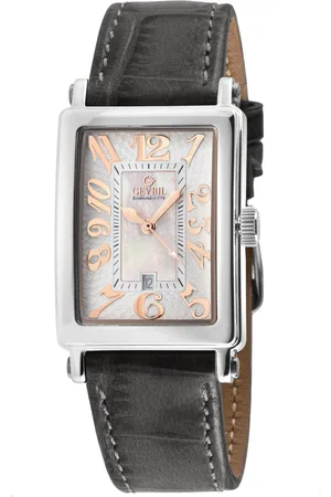 Gevril Ave of Americas Mini Stainless Steel Case,White MOP Dial , Genuine Charcoal Handmade Leather Strap Swiss Quartz Watch