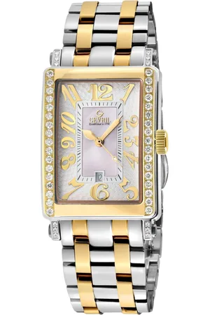 Gevril Ave of Americas Mini Swiss Quartz Diamonds toned IPYG Stainless Steel Diamond Case, White MOP Dial Watch