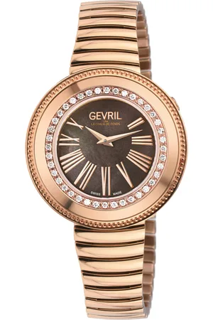 Gevril Gandria Swiss Diamond Watch, 316L SS/IPRG Case, Bronze Grey MOP Dial, RG Bracelet
