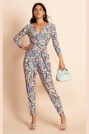 Dancing Leopard Zion Ditsy Floral Print Slinky Jumpsuit Wrap Front V-Neck Playsuit