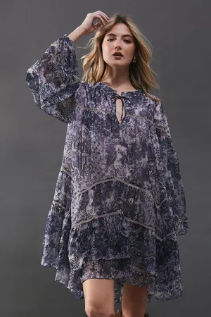 warehouse Chiffon Faded Paisley Ladder Insert Ruffle Smock Mini Dress