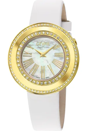 Gevril Gandria Swiss Diamond , 316L SS/IPYG Case, MOP Dial, Genuine Italian Made Leather Strap Swiss Quartz Watch