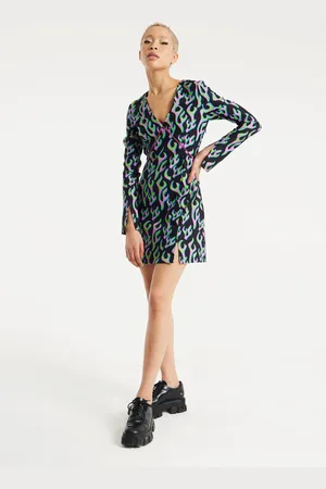 House of Holland Neon Green And Pink Flame Print Long Sleeve Mini Dress