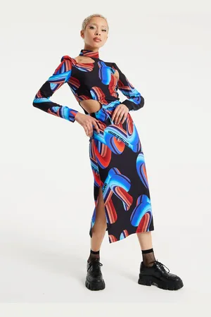 House of Holland Abstract Print Midi Dress With Front Cut Out Detail