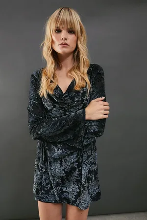 warehouse Mesh Velvet Burnout Cowl Neck Mini Dress