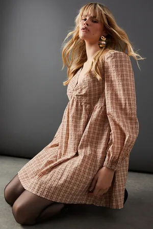 warehouse Check V Neck Volume Sleeve Mini Dress