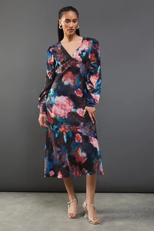 warehouse Metallic Shadow Stripe Gathered Sleeve Plunge Neck Maxi Dress