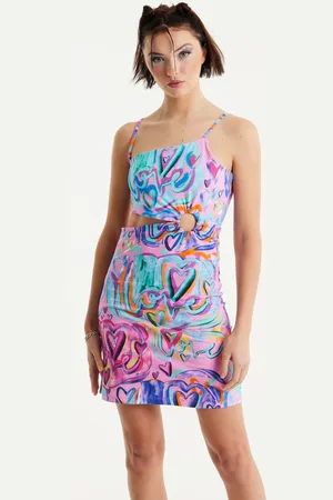 House of Holland Heart Printed Jersey Mini Dress With Cut Out Details in Pink