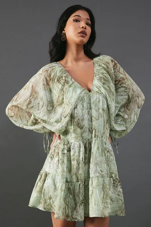 warehouse Sequin Snake Embellished Volume Sleeve Mini Smock Dress